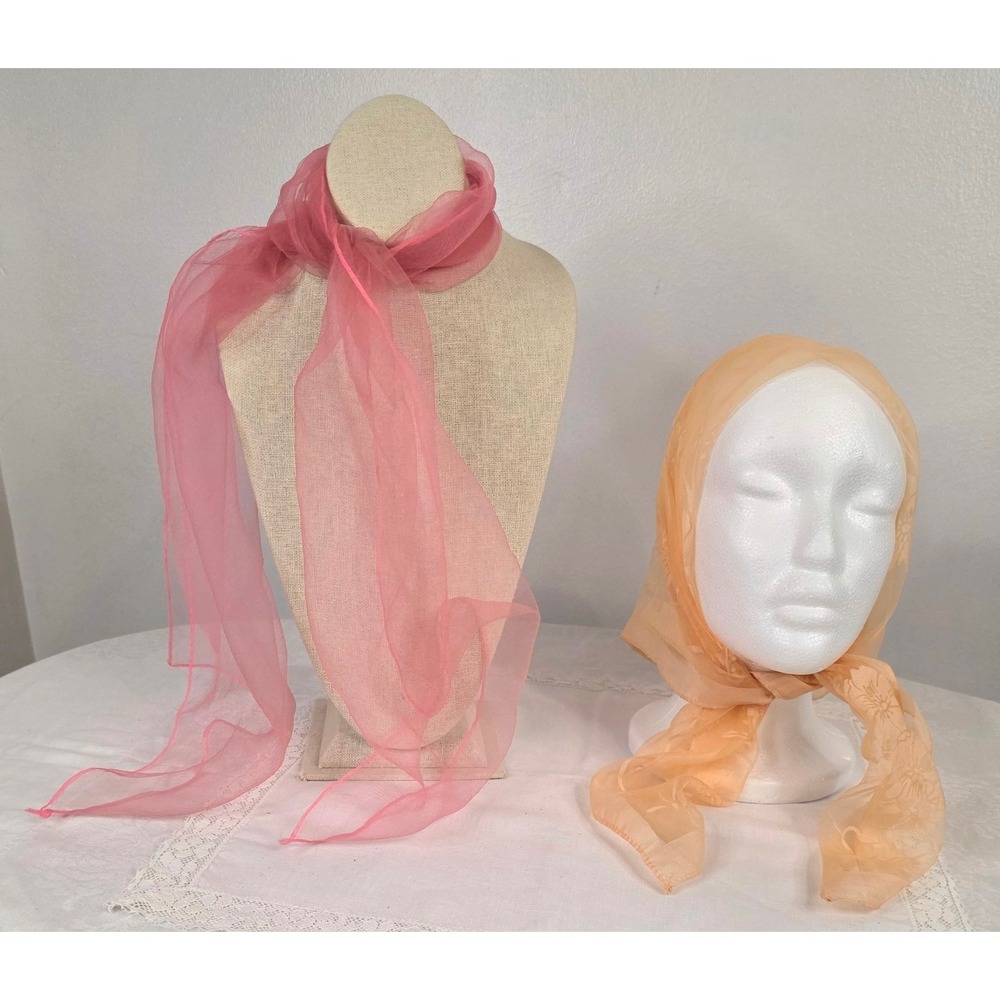 Vintage Sheer Scarf Set Pink Oblong Organza & Peach Floral Jacquard Square Scarf